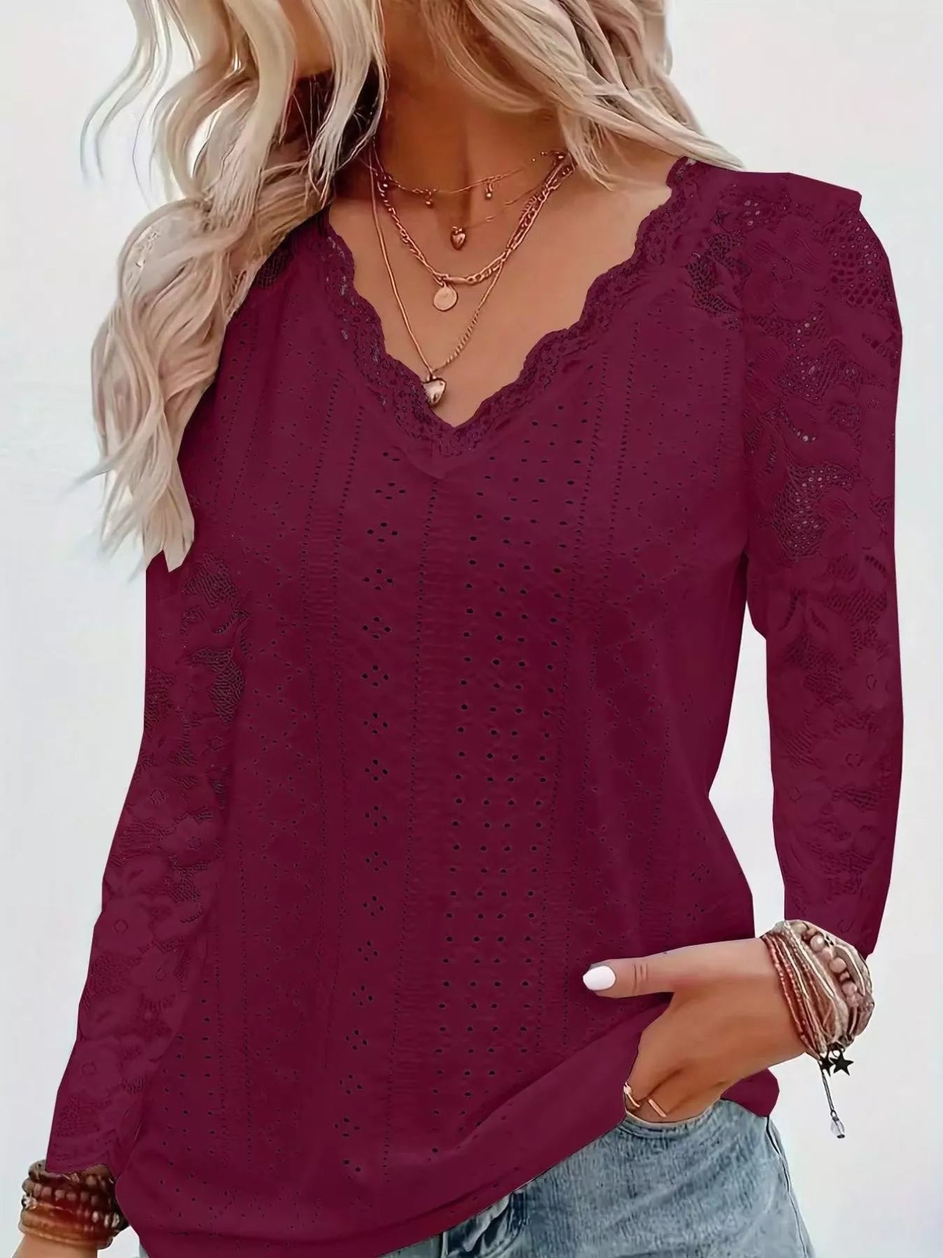 Fashorio Burgundy / S Eyelet Lace Sleeve V-Neck Blouse