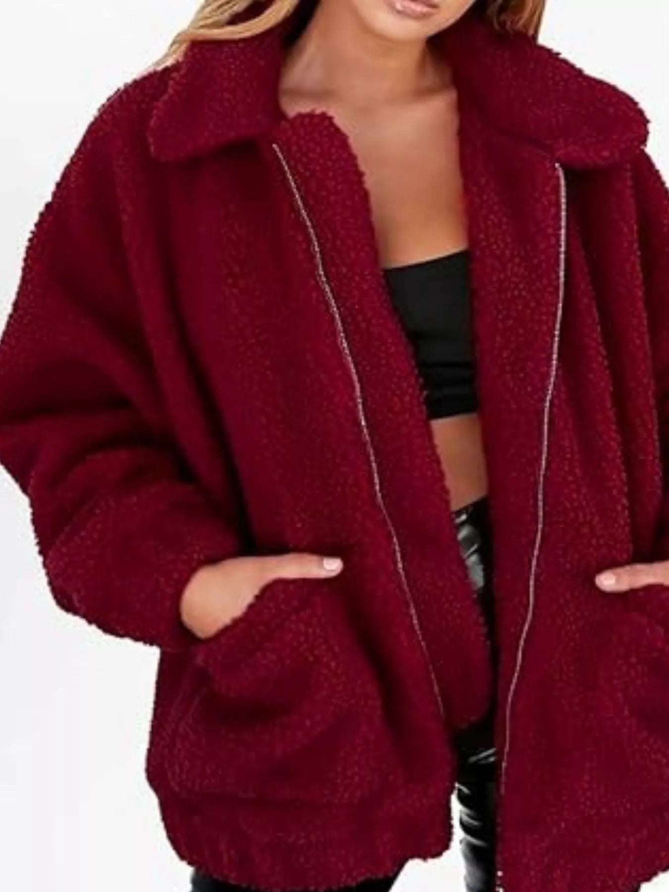 Fashorio Burgundy / S Full Size Cozy Fleece Zip Up Jacket Plus Size
