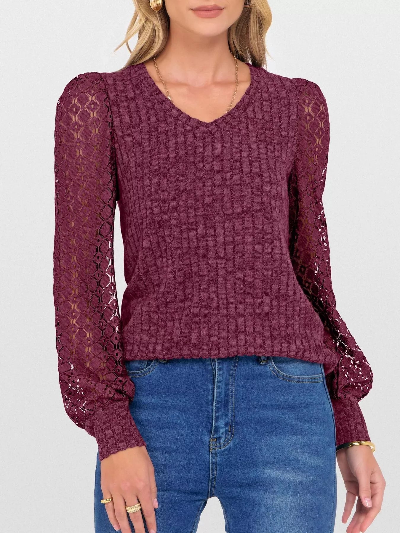 Fashorio Burgundy / S Lace Sleeve V-Neck T-Shirt