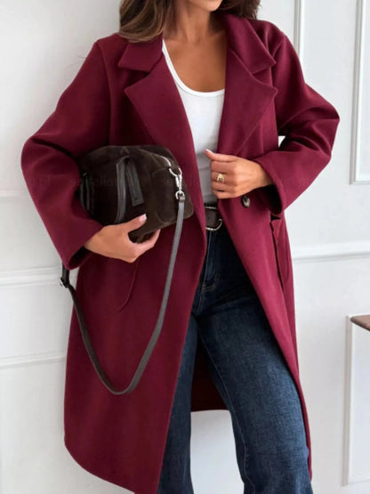 Long-Sleeve Single-Breasted Trench Coat Burgundy - Fashorio