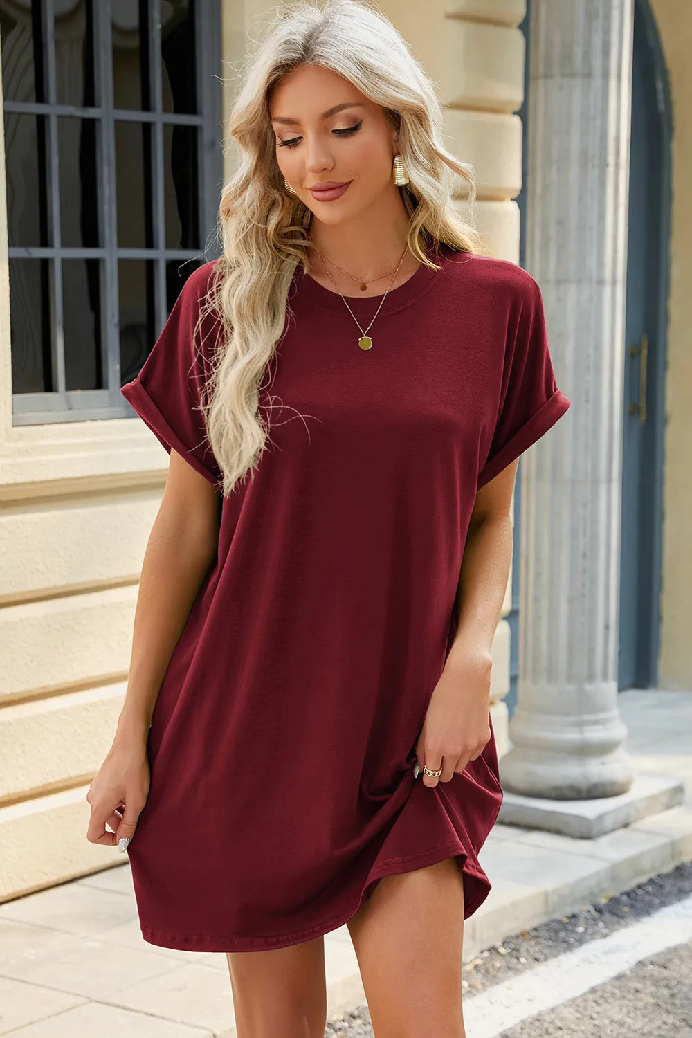 Fashorio Burgundy / S Round Neck Rolled Short Sleeve Tee Dress