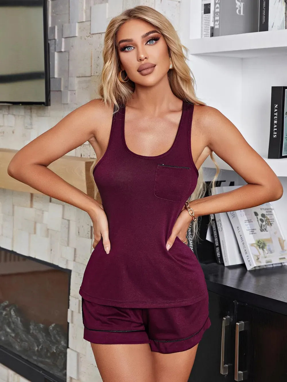 Fashorio Burgundy / S Scoop Neck Wide Strap Tank and Shorts Lounge Set