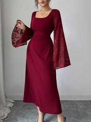 Fashorio Burgundy / S Square Neck Flare Sleeve Midi Dress