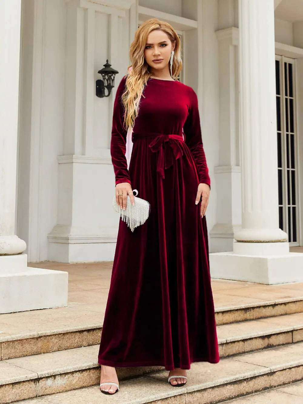 Fashorio Burgundy / S Tie Front Round Neck Long Sleeve Maxi Dress