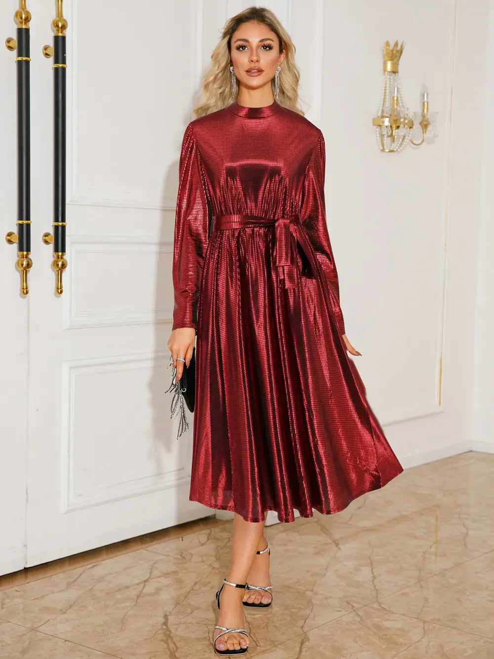 Fashorio Burgundy / S Tie Waist Long Sleeve Midi Dress