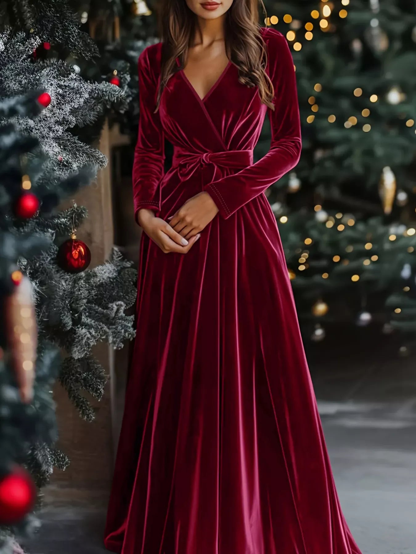 Fashorio Burgundy / S Velvet Wrap Surplice Maxi Dress