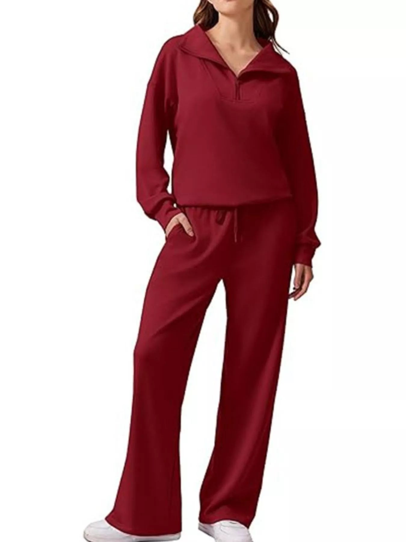 Fashorio Burgundy / S Zip Collar Dropped Shoulder Top and Pants Set