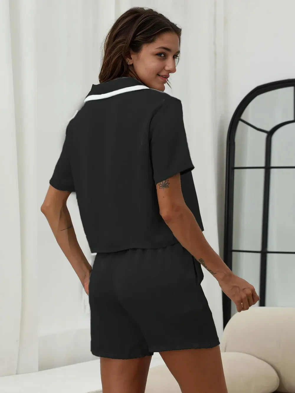 Fashorio Button Down Short Sleeve Top and Shorts Lounge Set