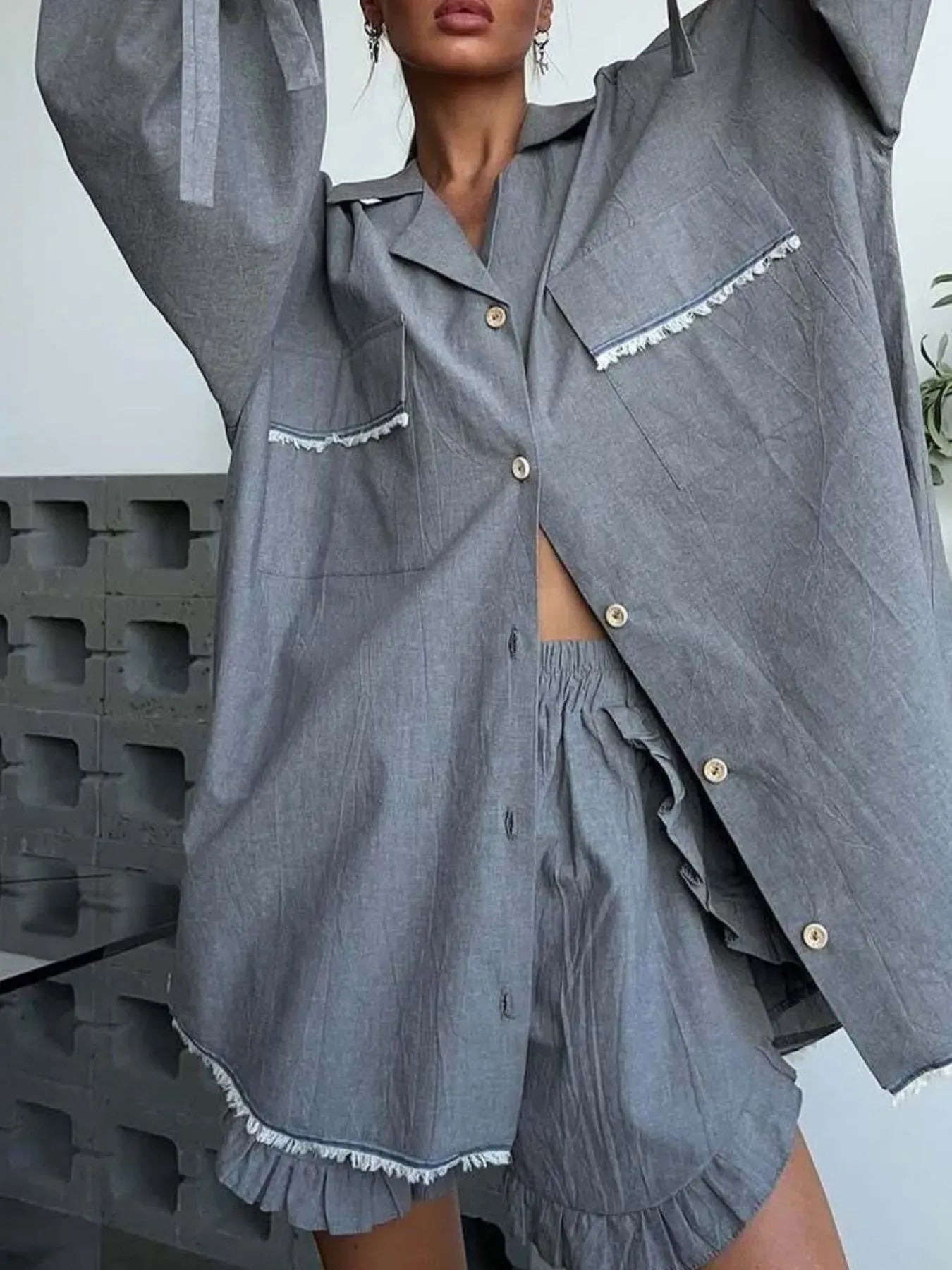 Fashorio Button Up Flounce Sleeve Top and Shorts Set