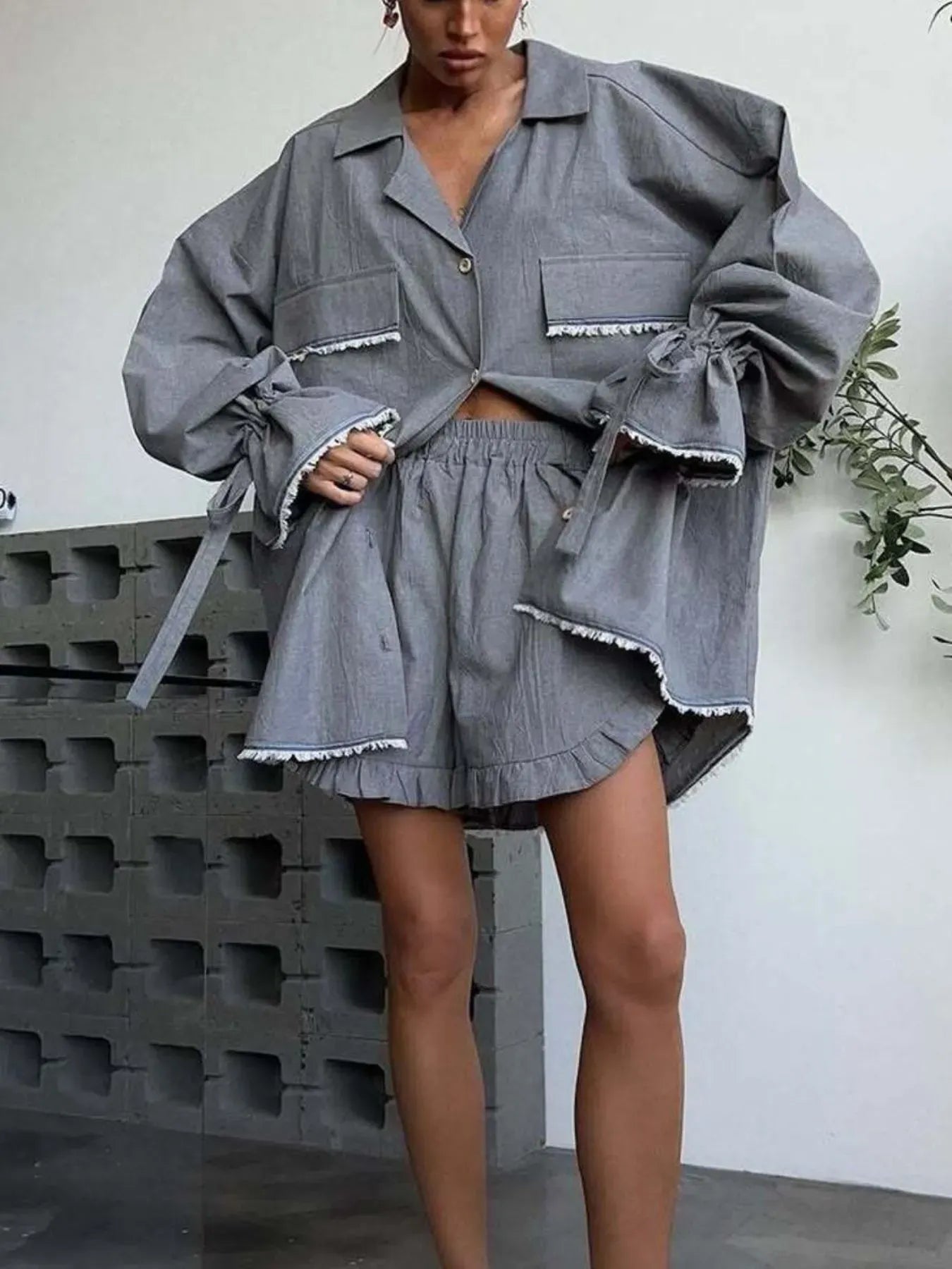 Fashorio Button Up Flounce Sleeve Top and Shorts Set