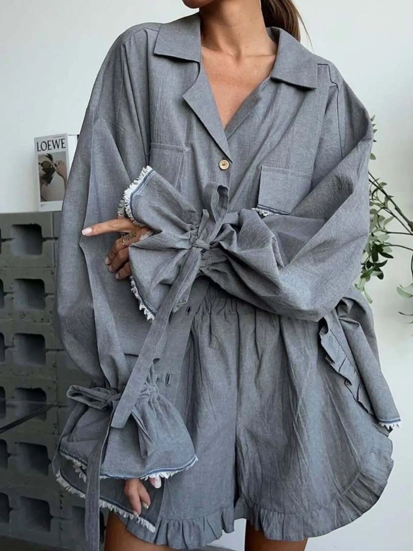 Fashorio Button Up Flounce Sleeve Top and Shorts Set