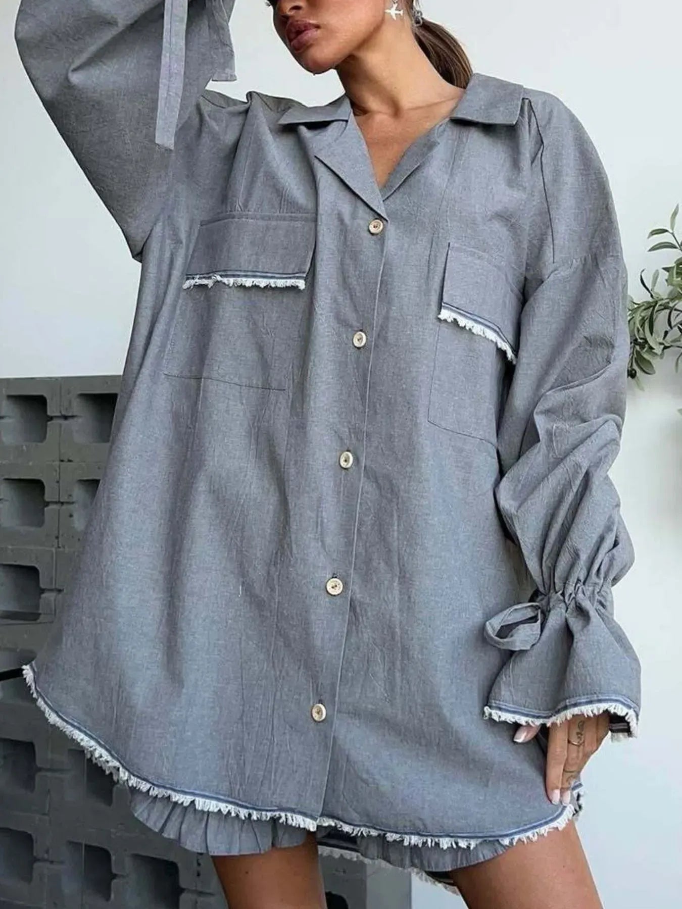 Fashorio Button Up Flounce Sleeve Top and Shorts Set