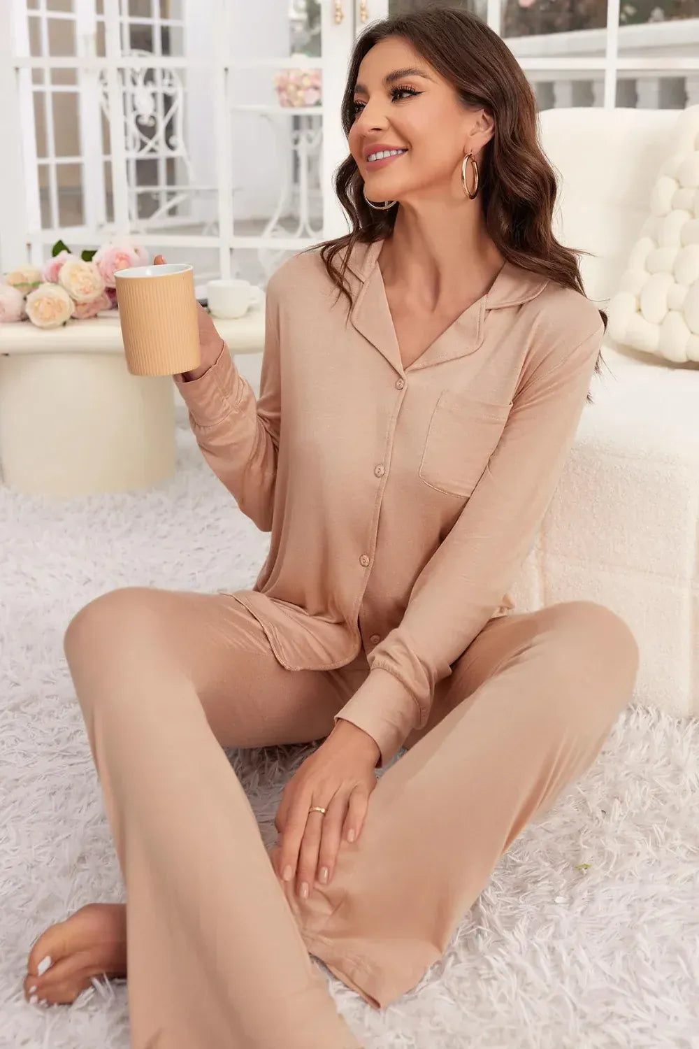 Fashorio Button Up Long Sleeve Top and Pants Lounge Set
