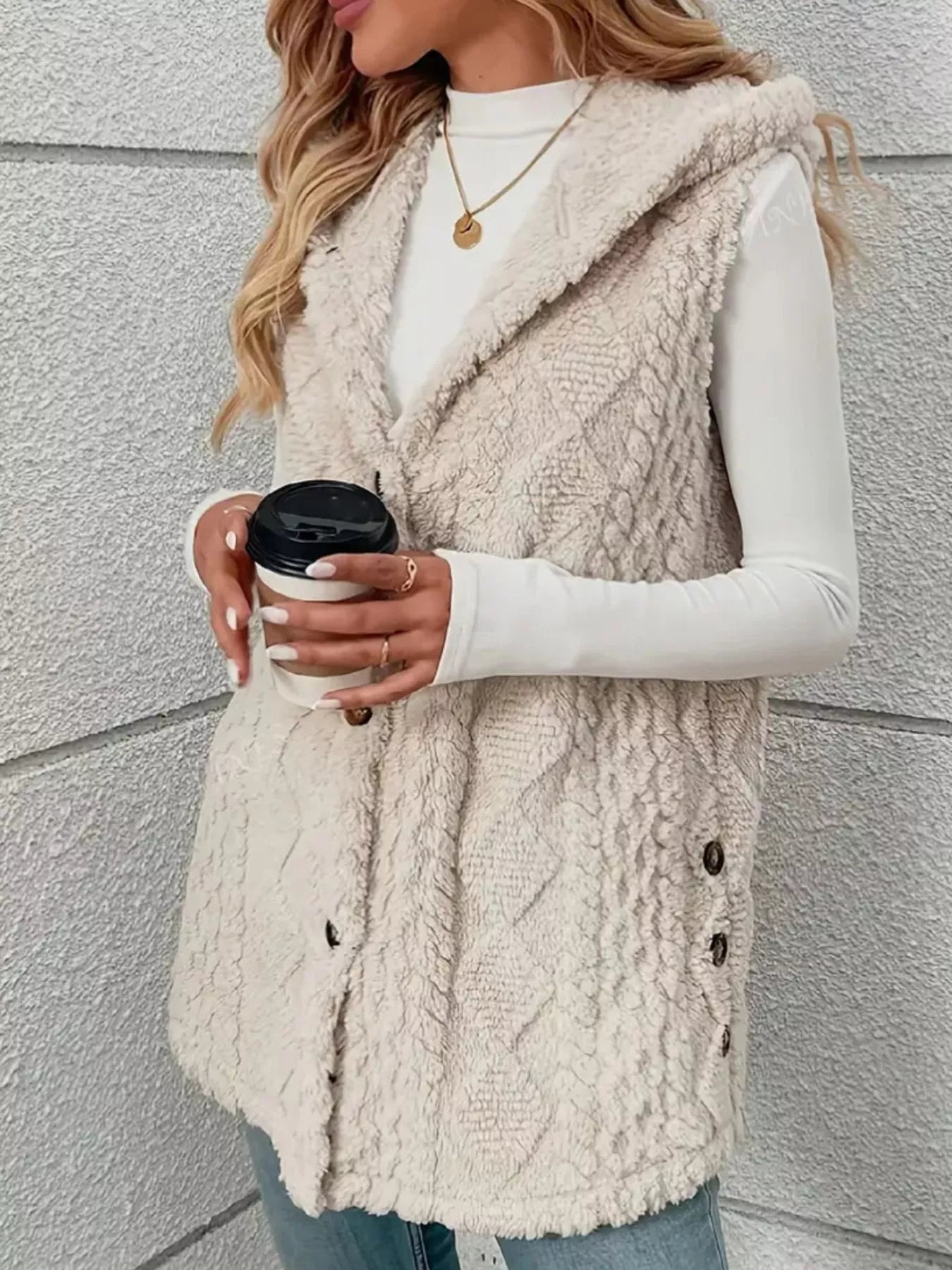 Fashorio Button Up Plush Hooded Vest Coat