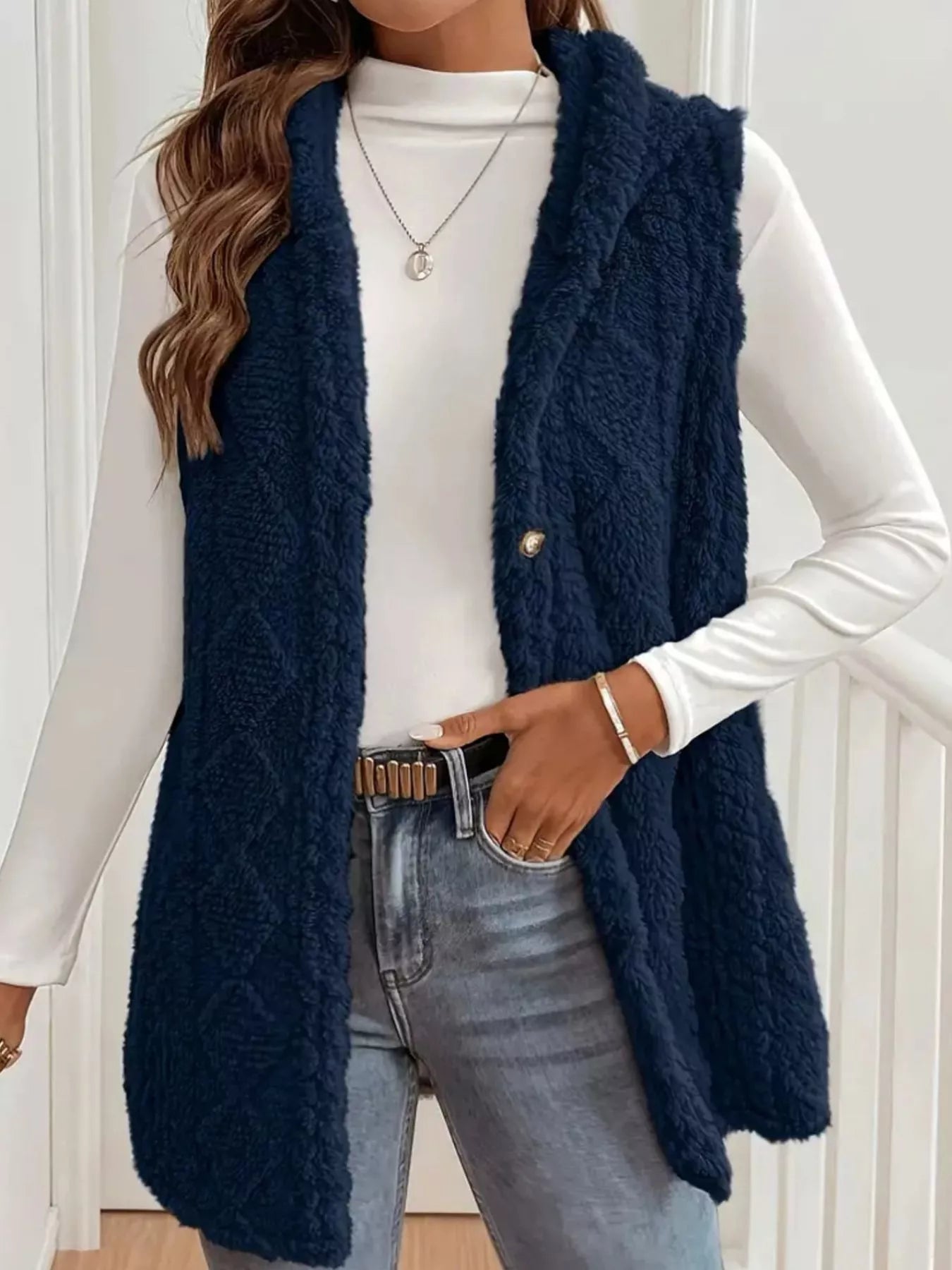 Fashorio Button Up Plush Hooded Vest Coat
