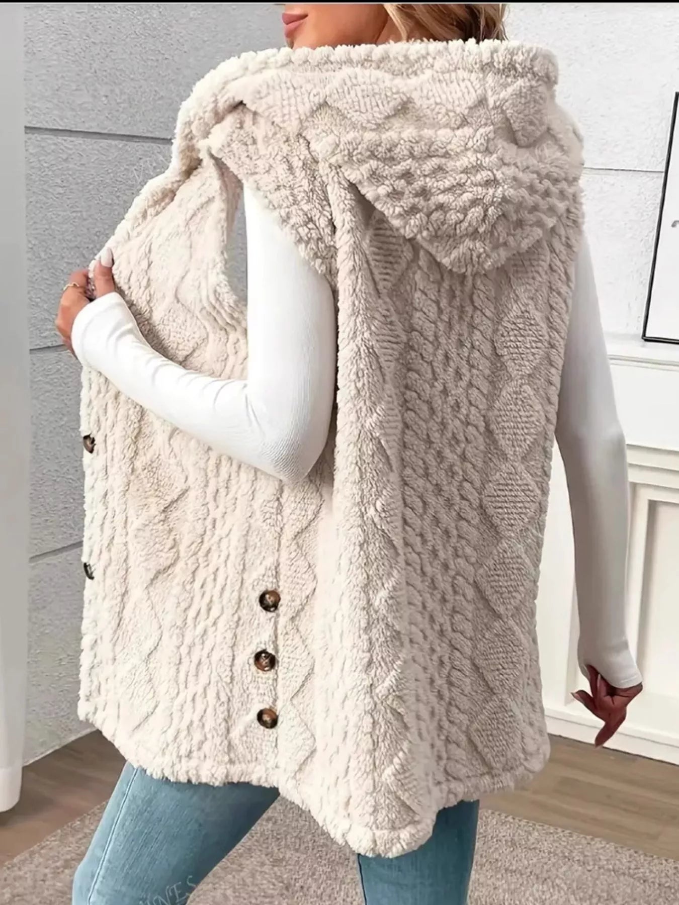 Fashorio Button Up Plush Hooded Vest Coat
