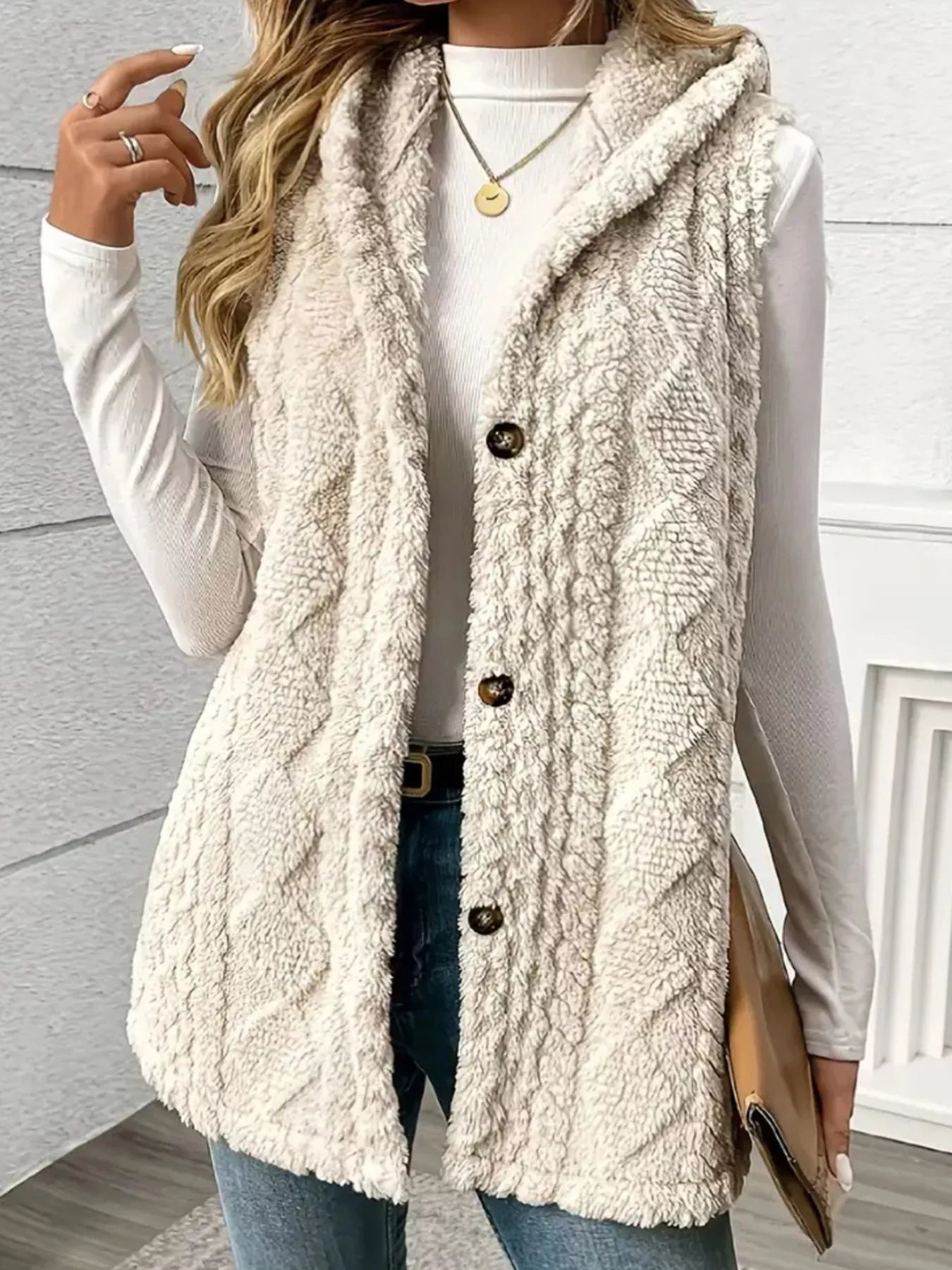 Fashorio Button Up Plush Hooded Vest Coat