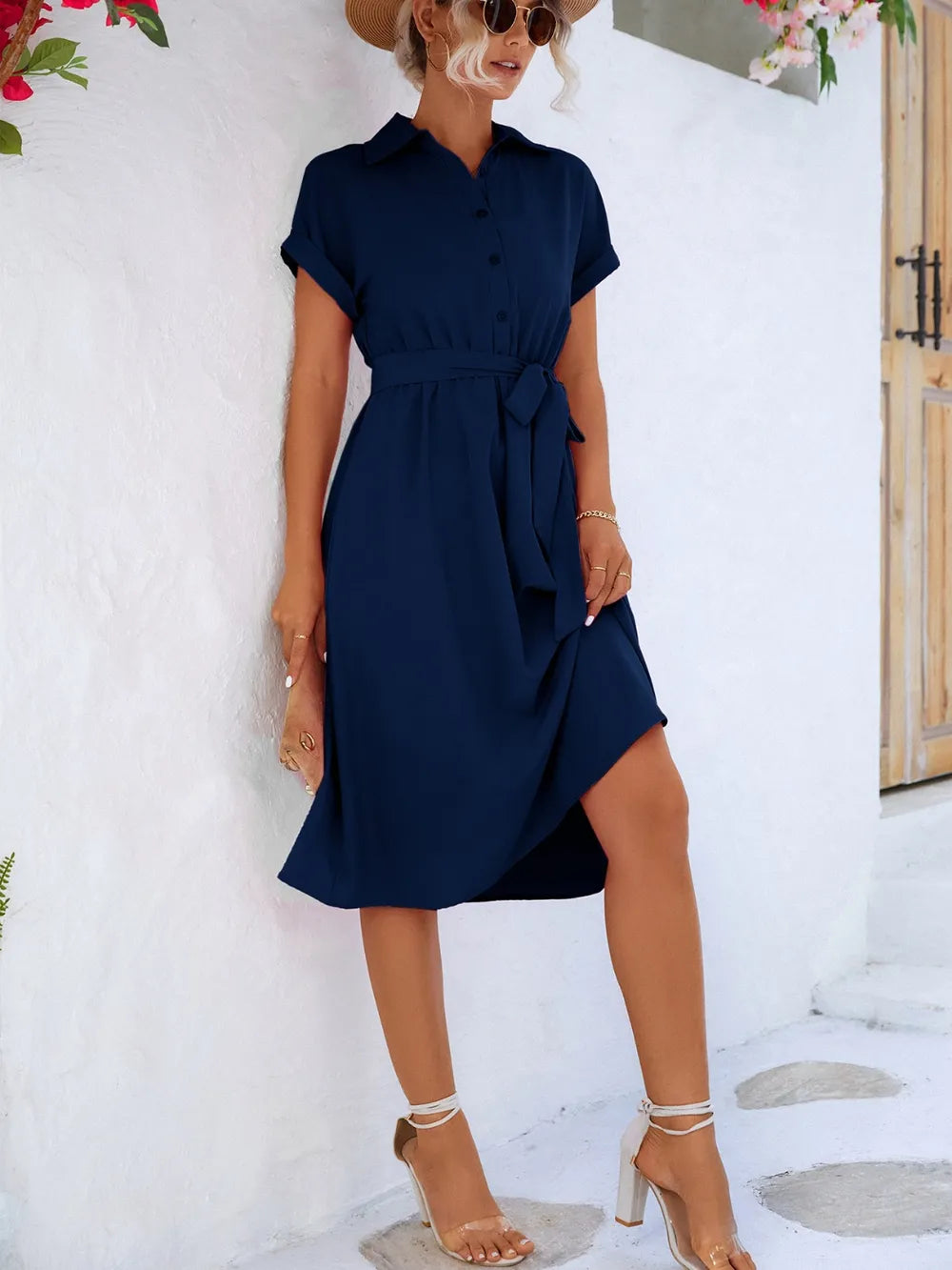 Fashorio Buttoned Tie Waist Short Sleeve Dress