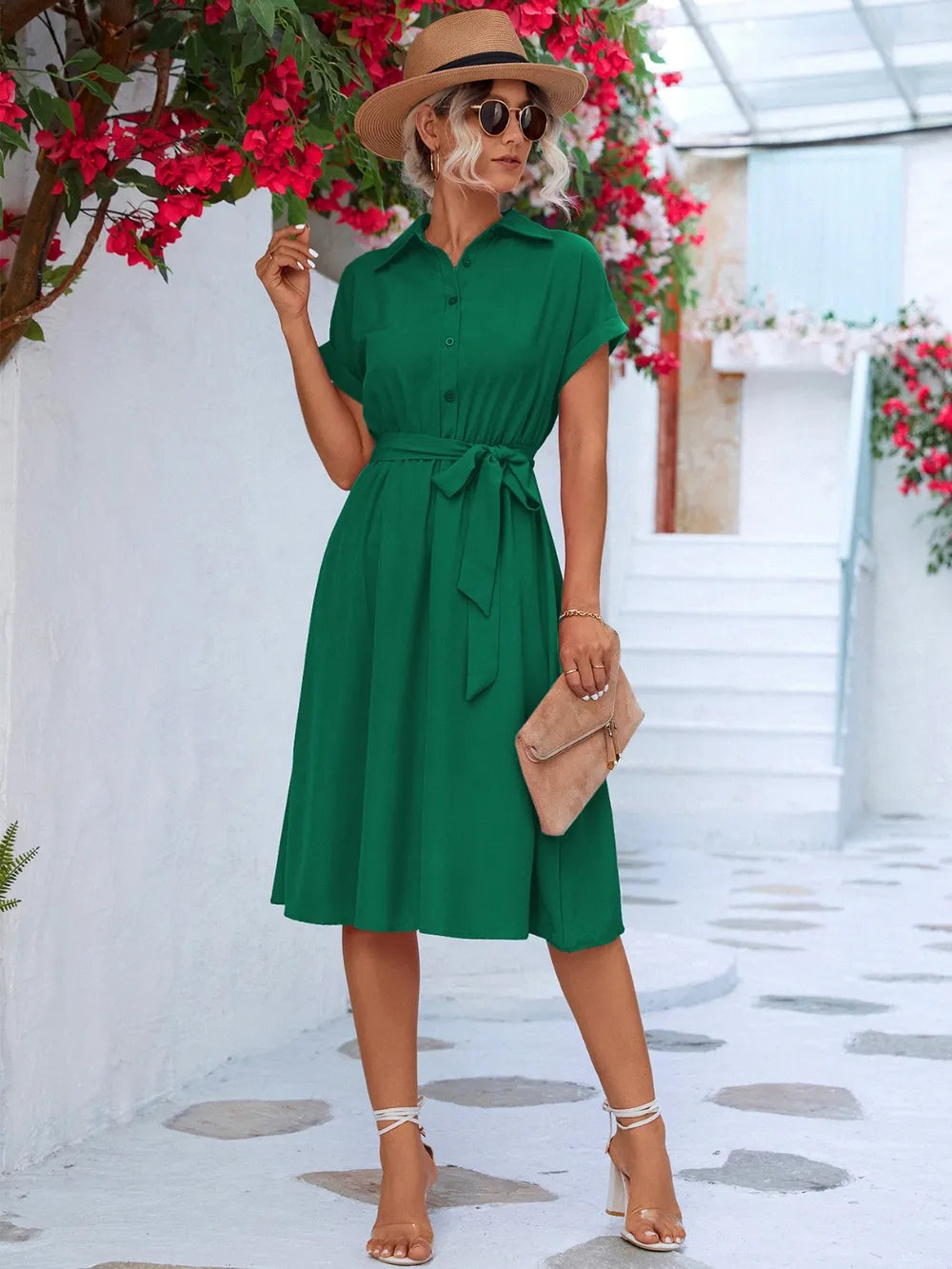 Fashorio Buttoned Tie Waist Short Sleeve Dress