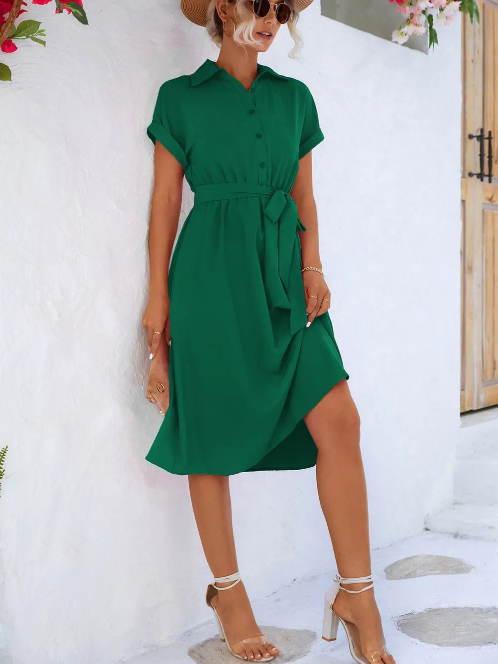 Fashorio Buttoned Tie Waist Short Sleeve Dress