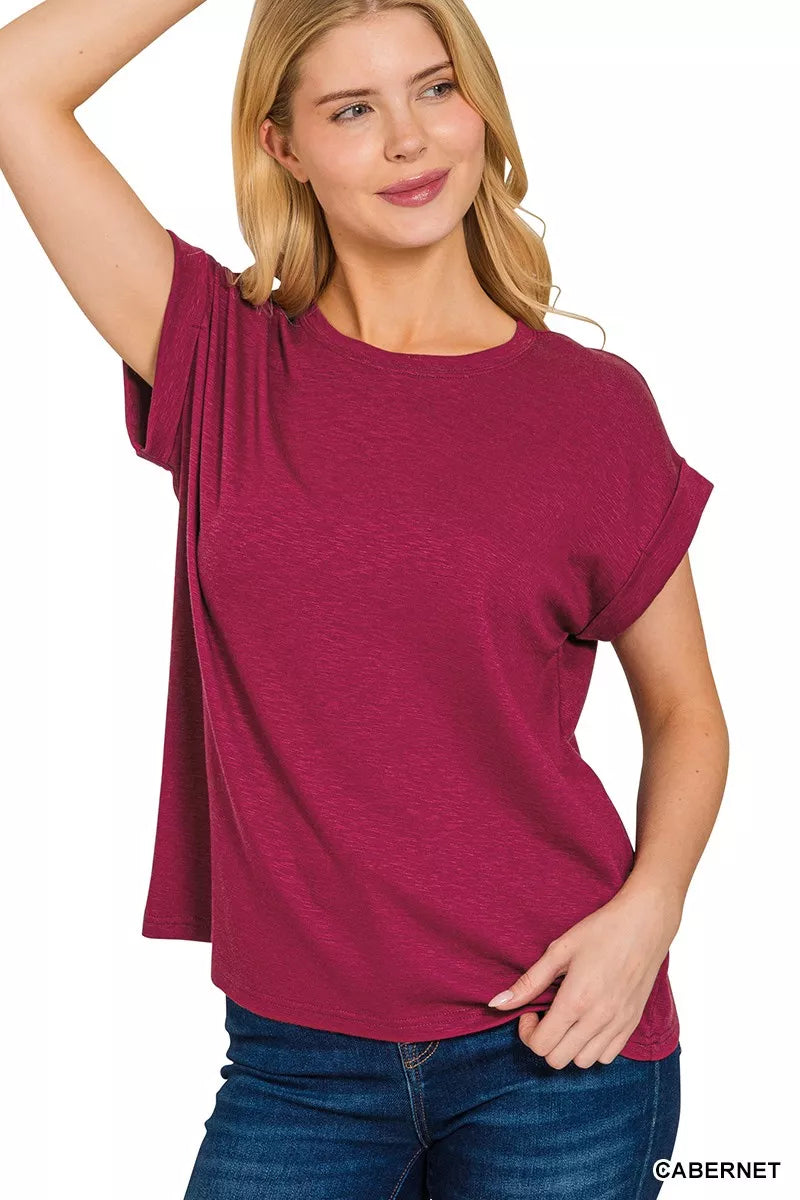 Fashorio CABERNET / S Zenana Cotton Modal Slub Rolled Sleeve T-Shirt