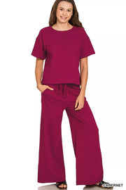 Fashorio CABERNET / S Zenana Cotton Slub Short Sleeve Tee and Pants Set