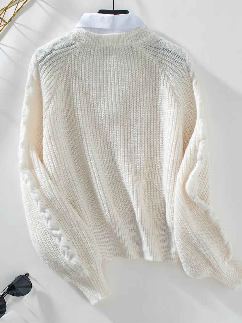 Fashorio Cable-Knit Collared Neck Faux Layered Sweater