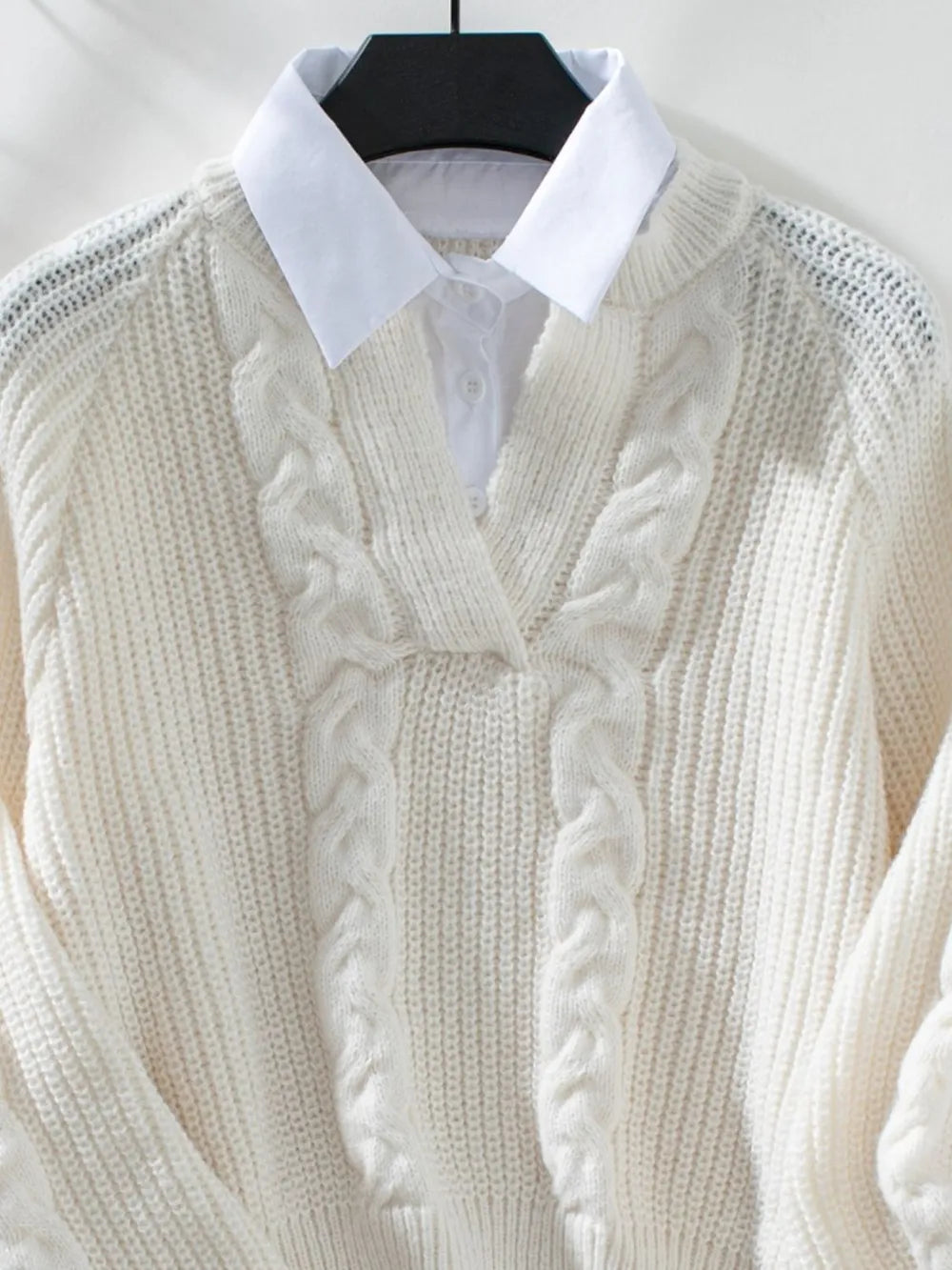 Fashorio Cable-Knit Collared Neck Faux Layered Sweater