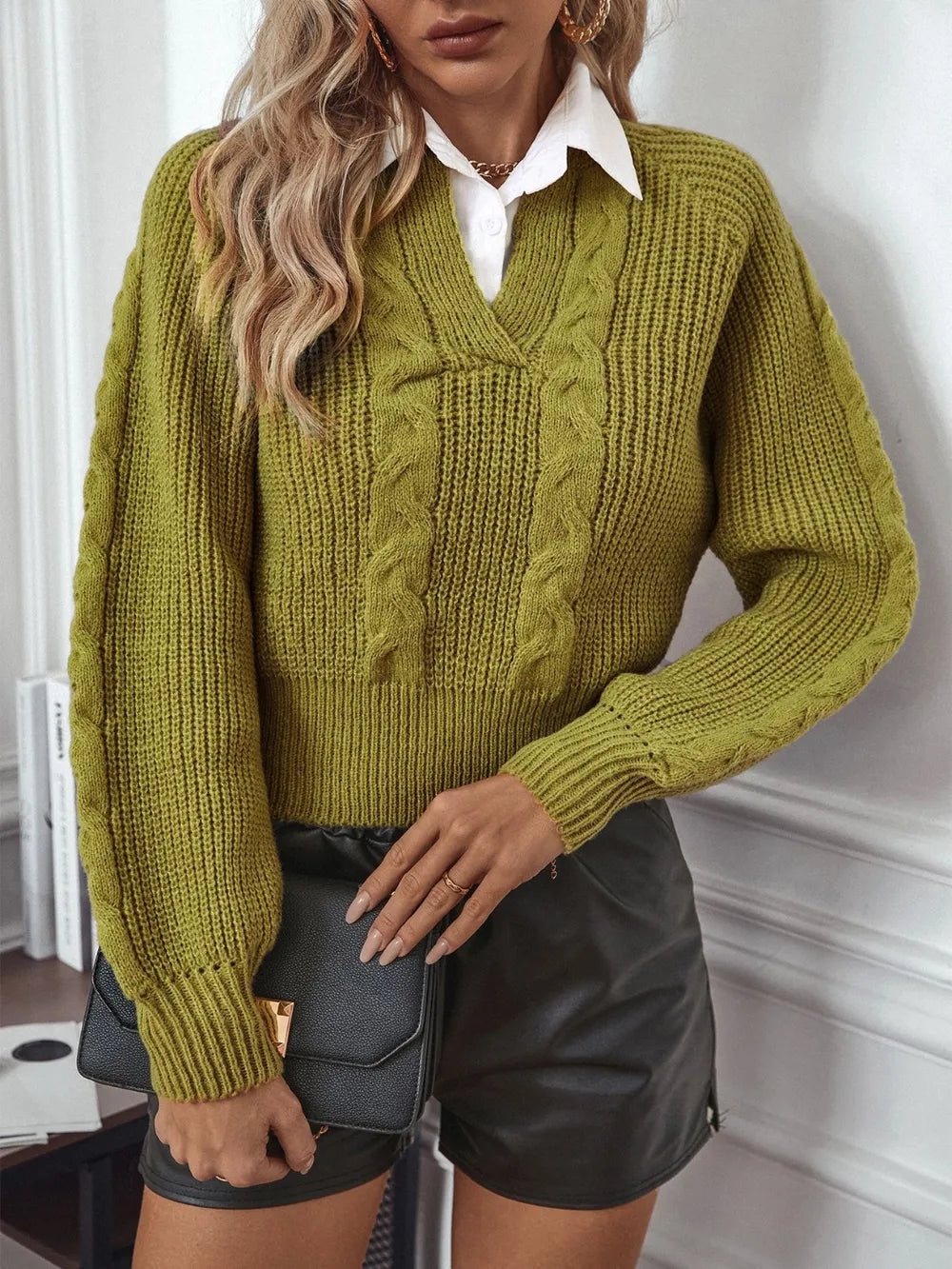 Fashorio Cable-Knit Collared Neck Faux Layered Sweater
