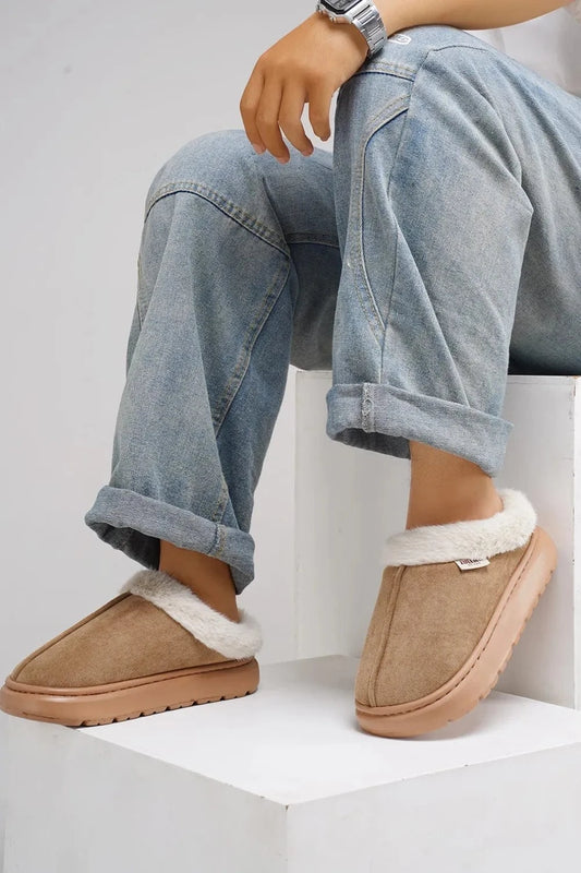 Furry Round Toe Platform Slippers Camel - Fashorio