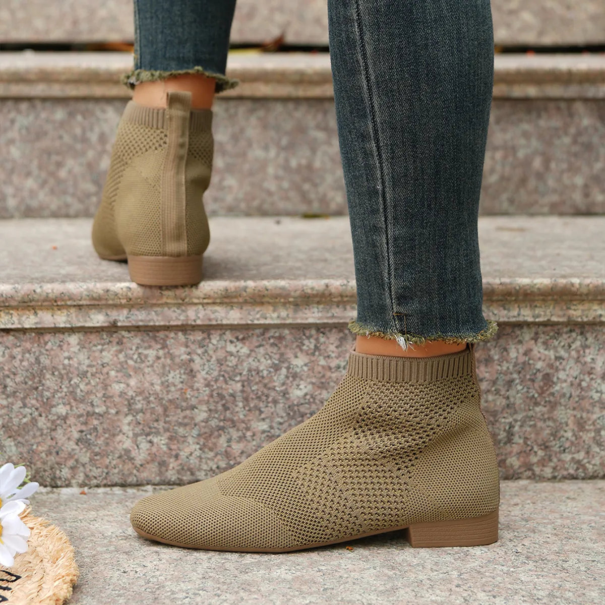 Fashorio Camel / 36 Mesh Knit Ankle Boots with Stretch Comfort Fit
