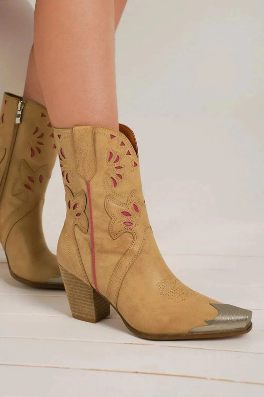 Beast Fashion Cut-Out Floral Embroidery Boots Camel - Fashorio