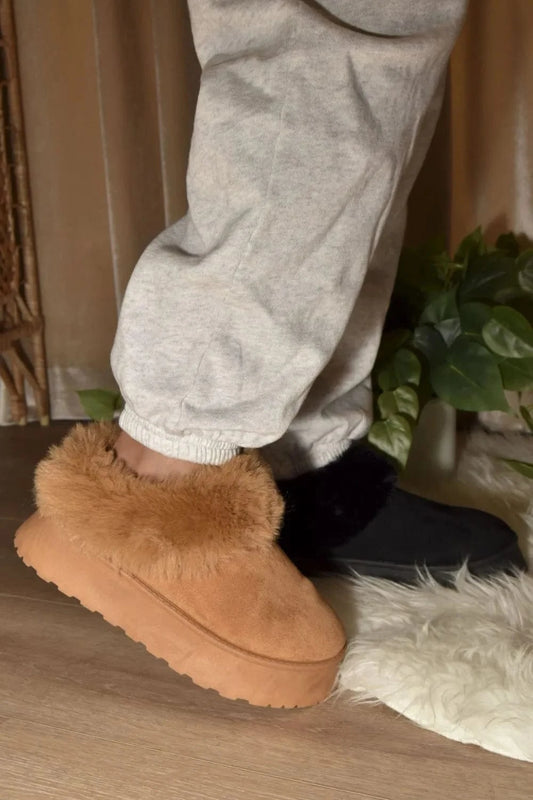 WILD DIVA Faux-Fur Platform Slip On Booties Camel - Fashorio