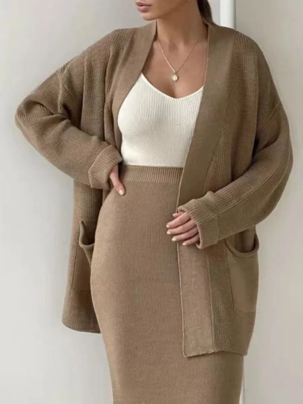 Fashorio Camel / One Size Pocketed Long Sleeve Cardigan and Skirt Sweater Set