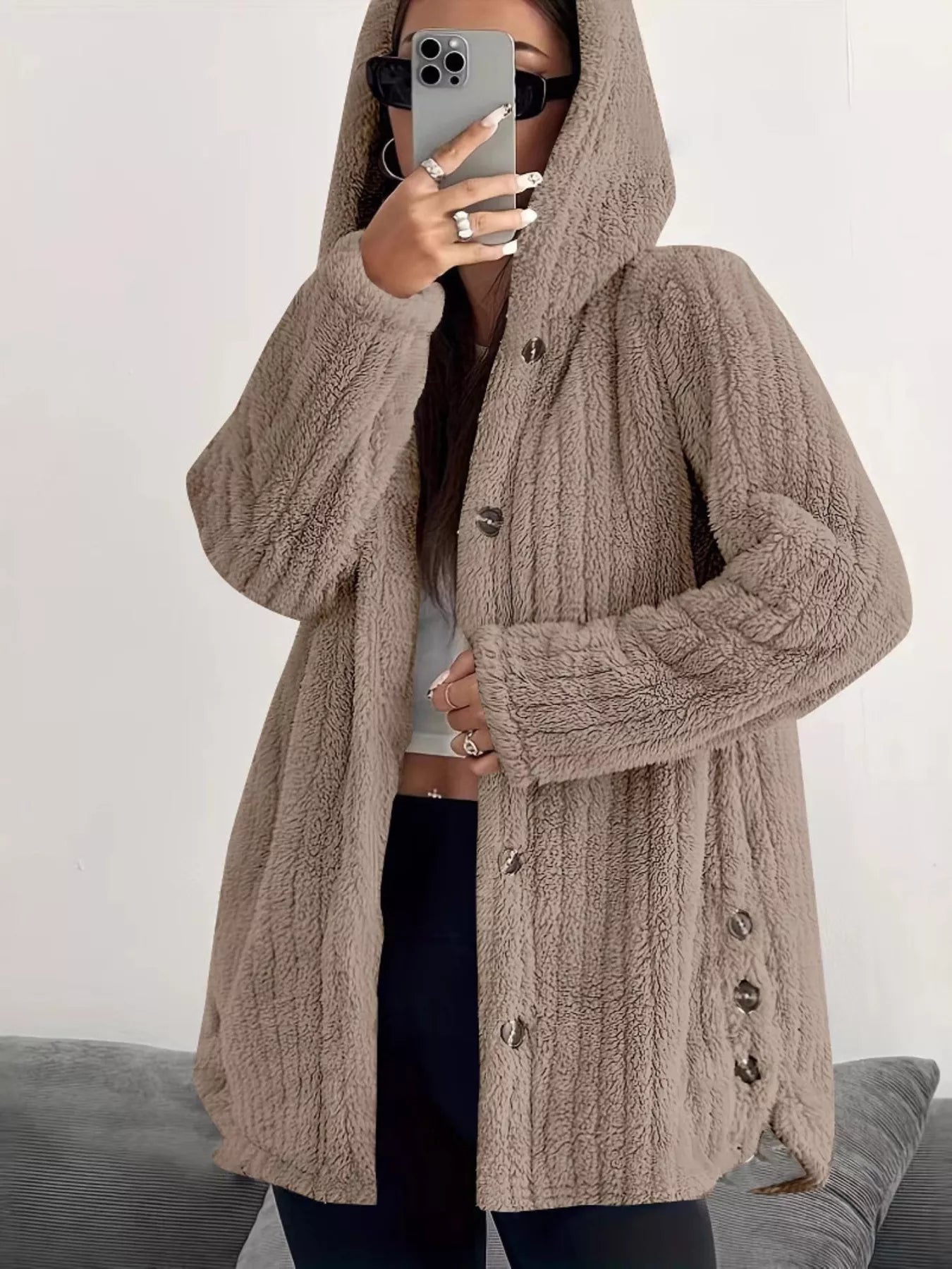 Fashorio Camel / S Full Size Fleece Button Up Hooded Outerwear Plus Size