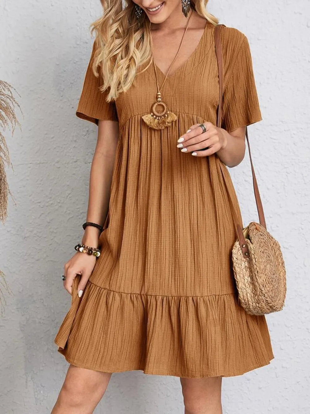 Fashorio Camel / S Full Size V-Neck Short Sleeve Dress