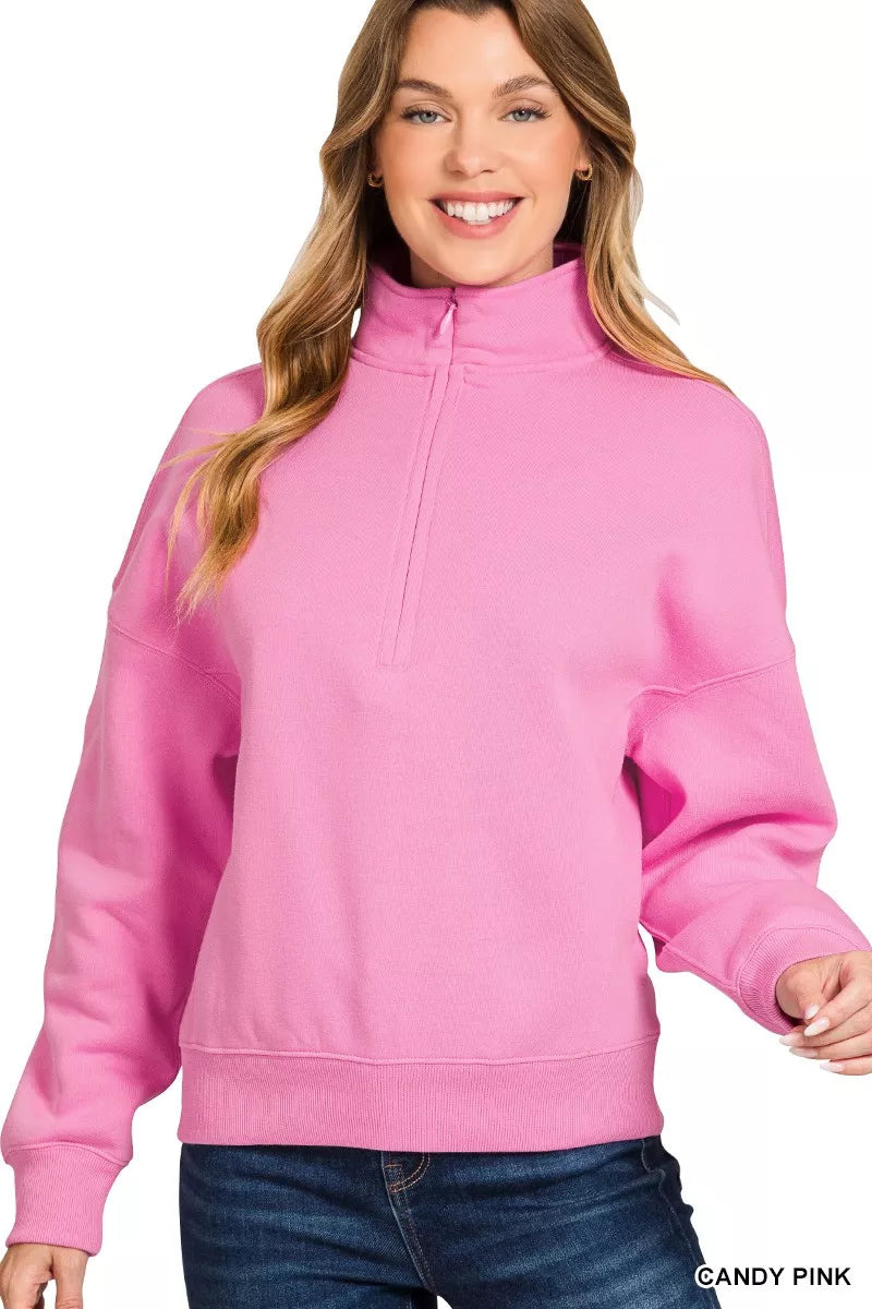 Fashorio CANDY PINK / S Zenana Fleece High Neck Half Zip Sweatshirt