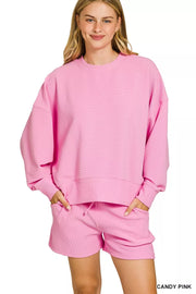 Fashorio CANDY PINK / S Zenana Ribbed Round Neck Pullover and Shorts Set