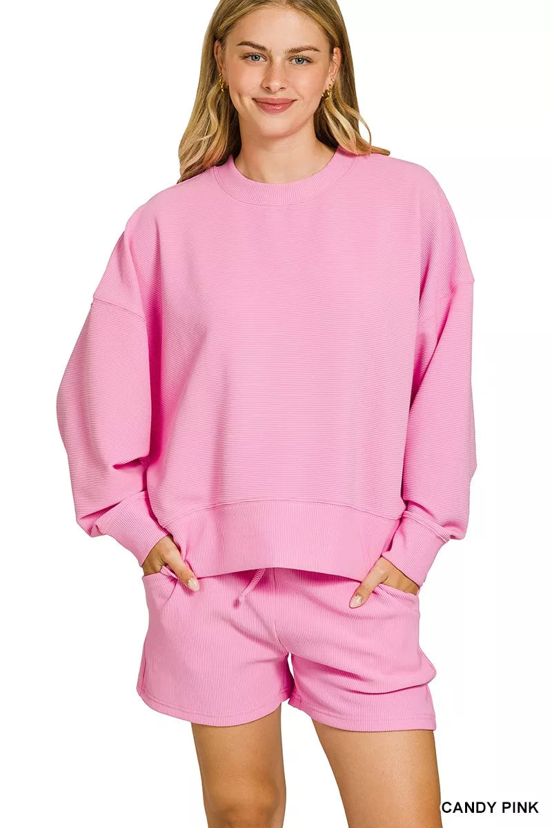 Fashorio CANDY PINK / S Zenana Ribbed Round Neck Pullover and Shorts Set