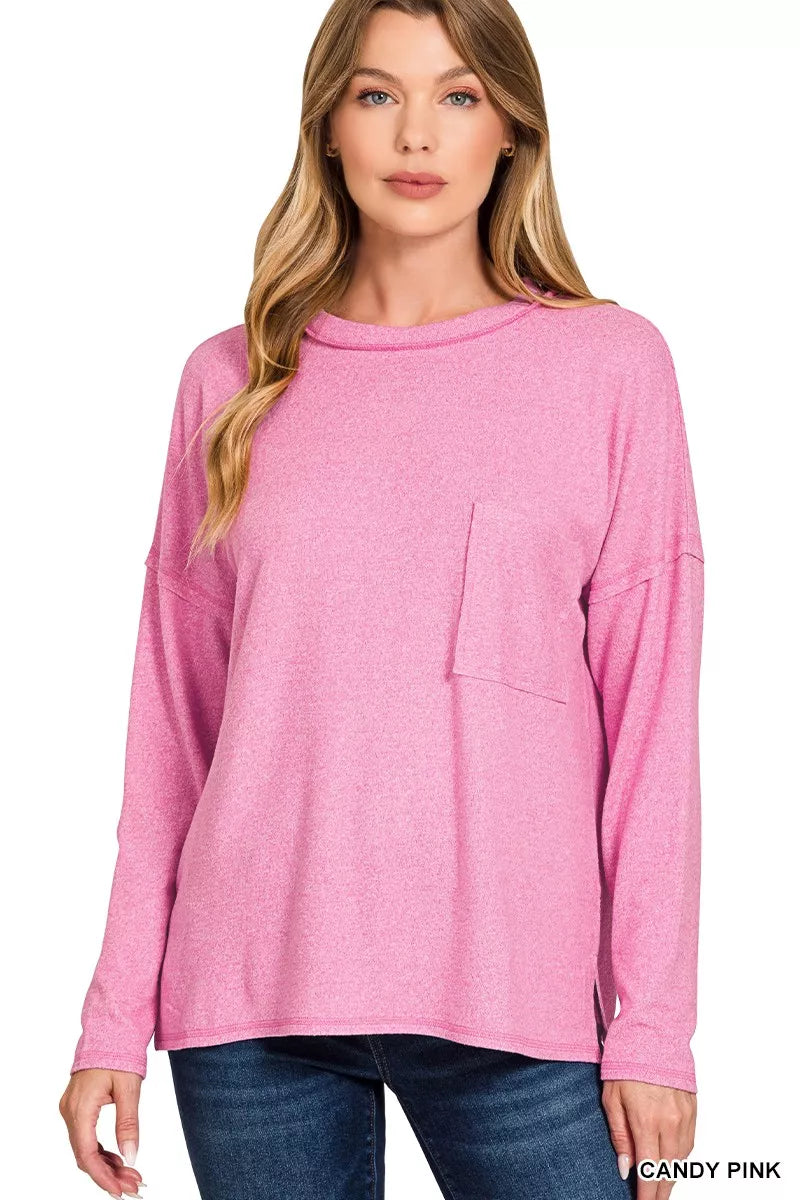 Fashorio CANDY PINK / S Zenana Soft Melange Hacci Round-Neck Long Sleeve T-Shirt
