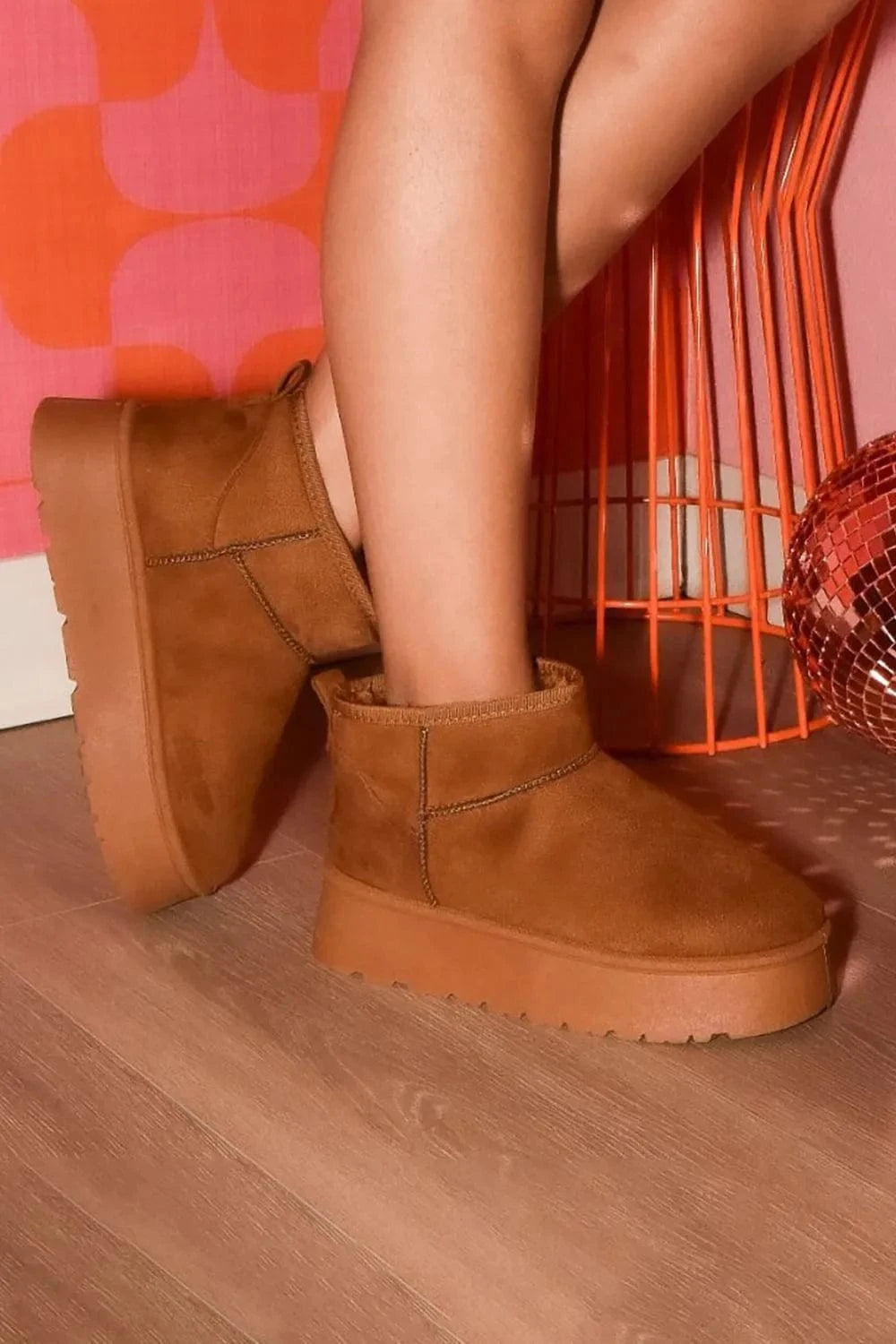 WILD DIVA Suede Round Toe Platform Booties Caramel - Fashorio