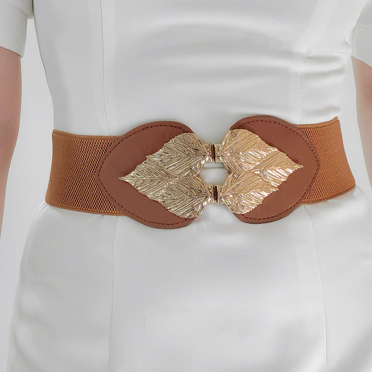 Fashorio Caramel / One Size Alloy Leaf Buckle Elastic Belt
