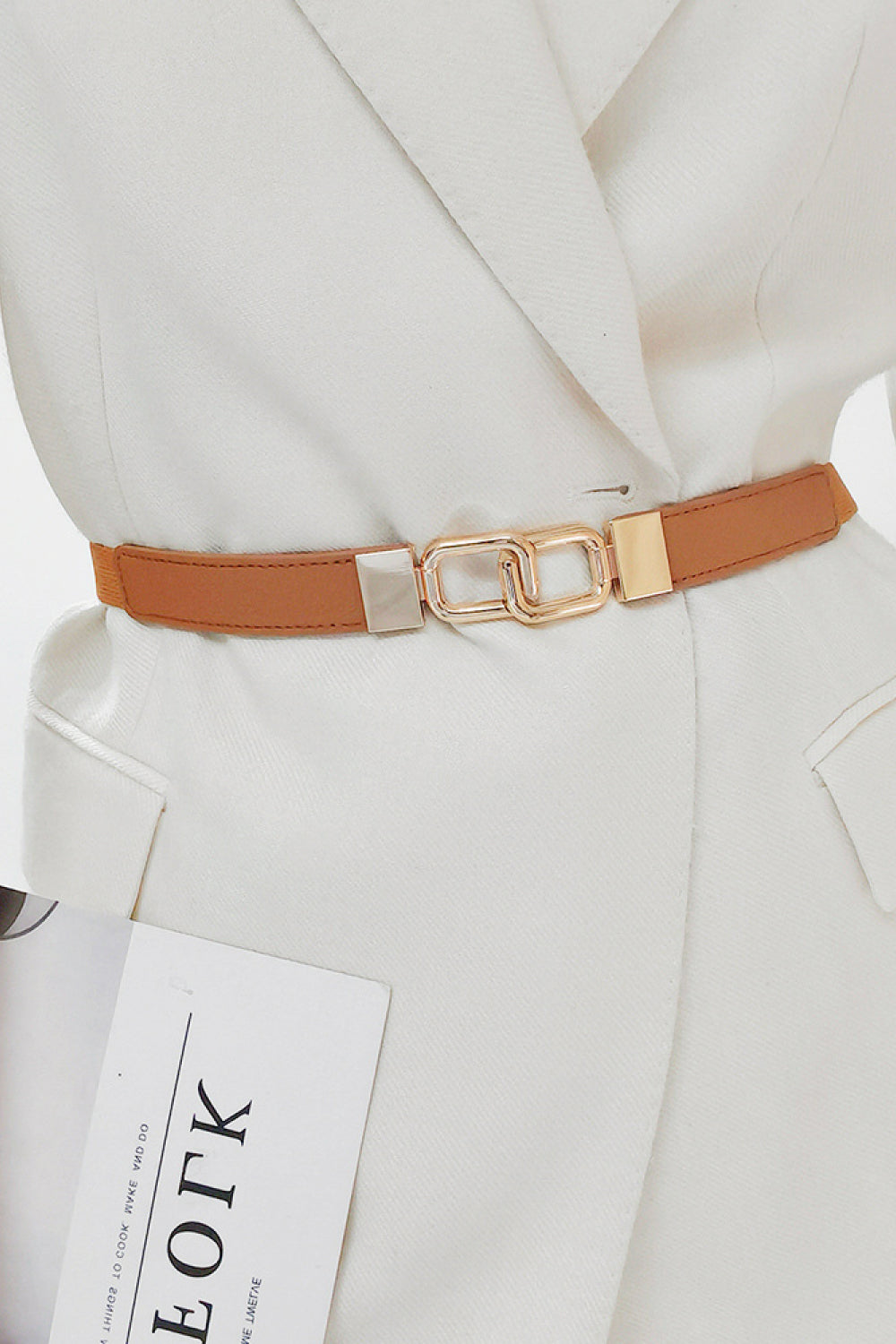 Fashorio Caramel / One Size Geometric Double Buckle Elastic Belt