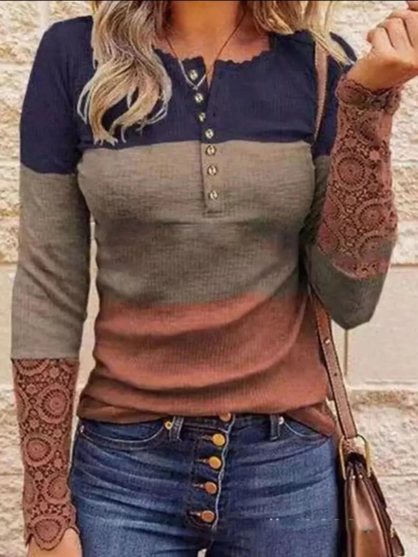 Fashorio Caramel / S Color Block Lace Detail Half Button T-Shirt