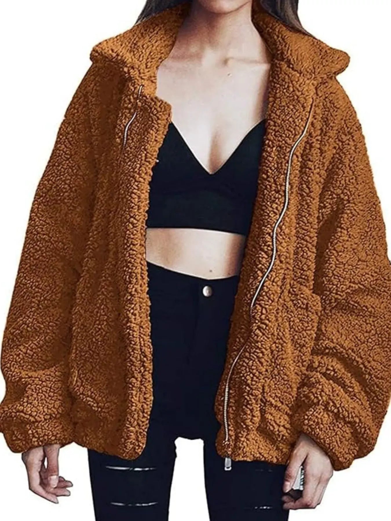 Fashorio Caramel / S Full Size Cozy Fleece Zip Up Jacket Plus Size