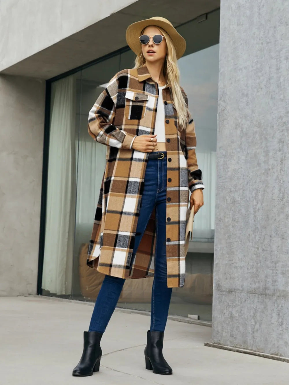 Fashorio Caramel / S Plaid Pocketed Button Up Trench Coat