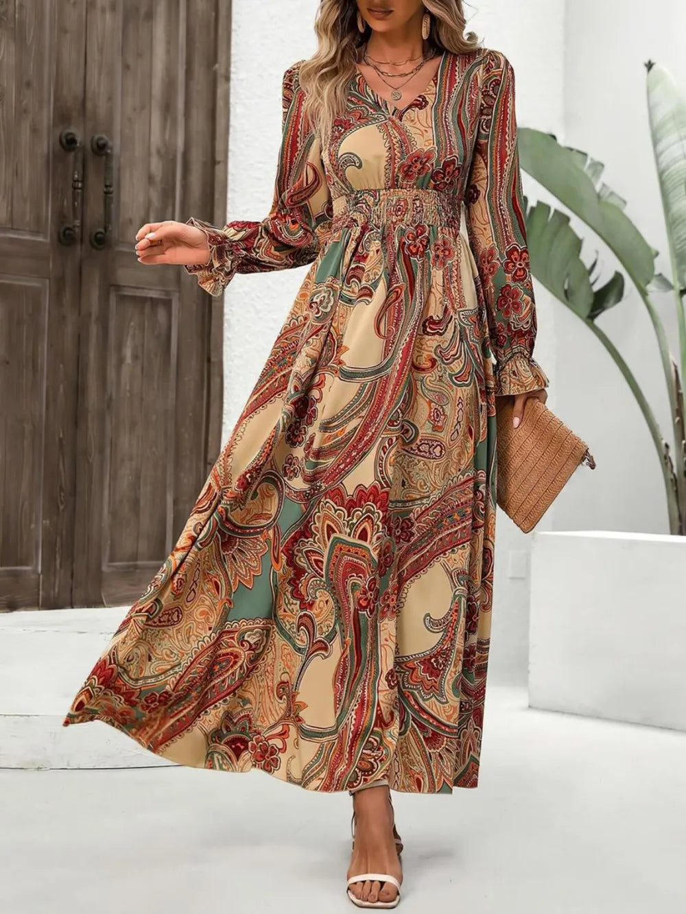 Fashorio Caramel / S Smocked Printed V-Neck Flounce Sleeve Dress