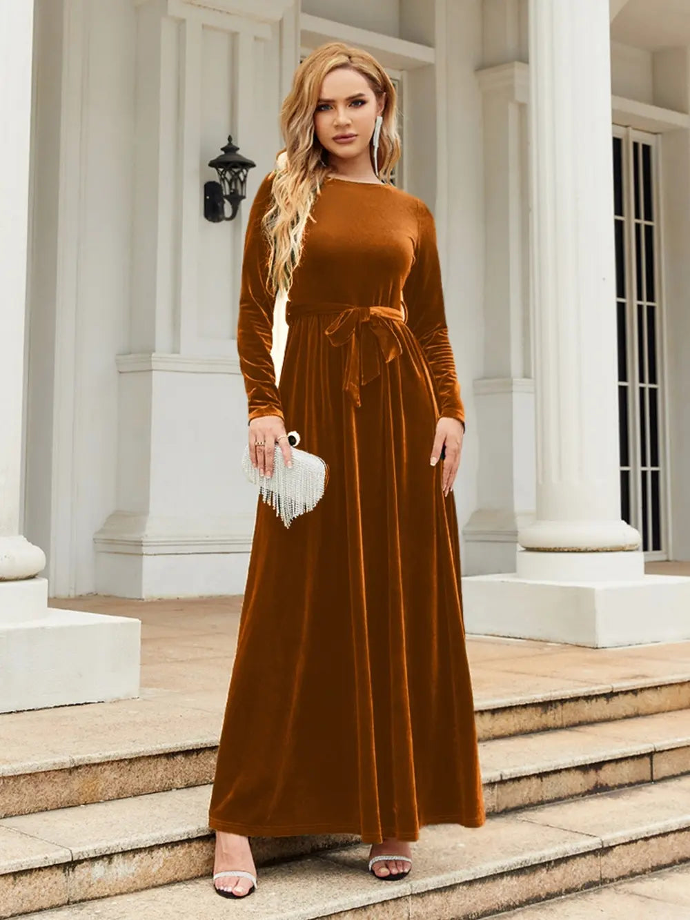 Fashorio Caramel / S Tie Front Round Neck Long Sleeve Maxi Dress