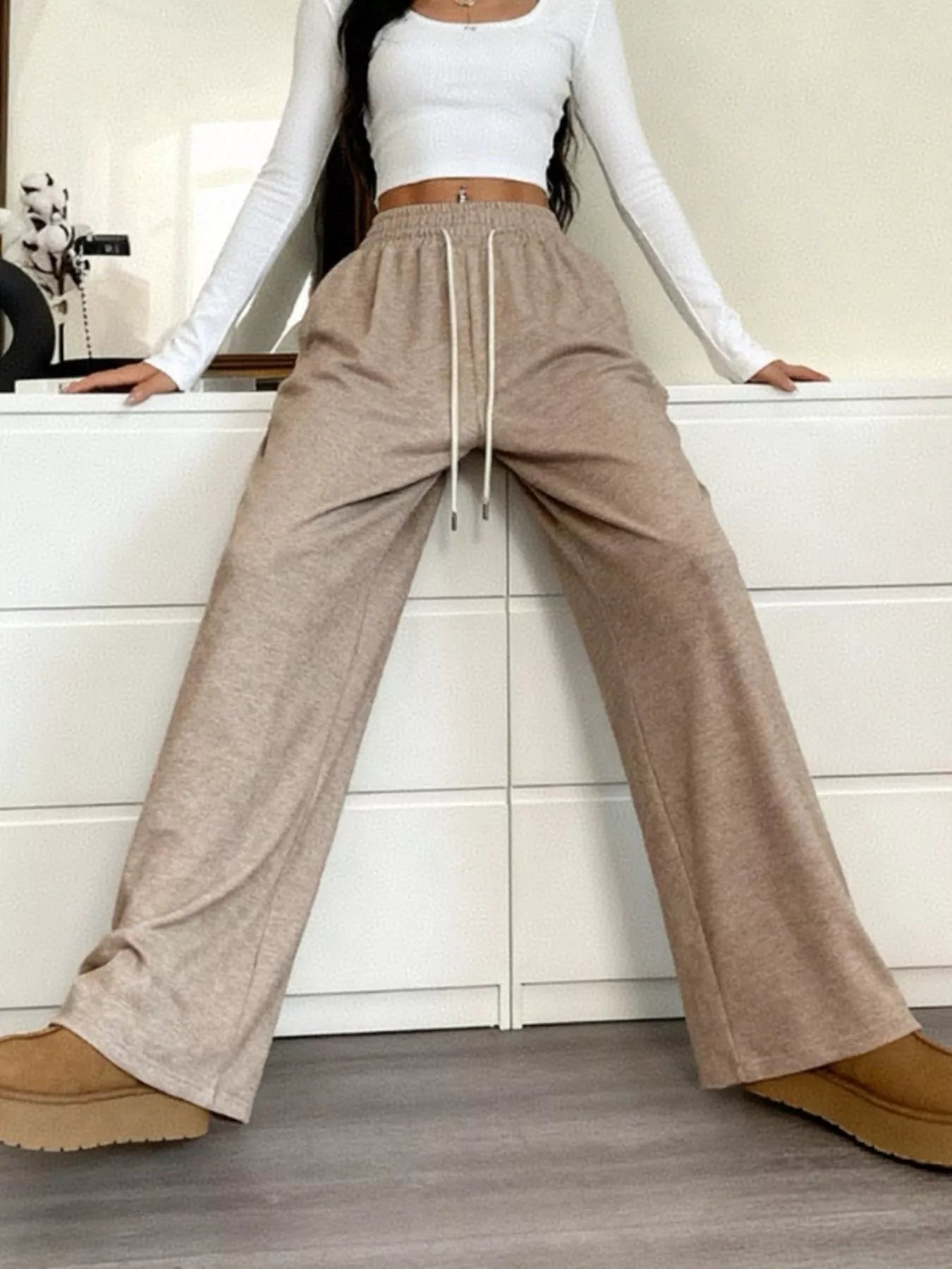 Fashorio Casual Drawstring Waist Wide Leg Pants