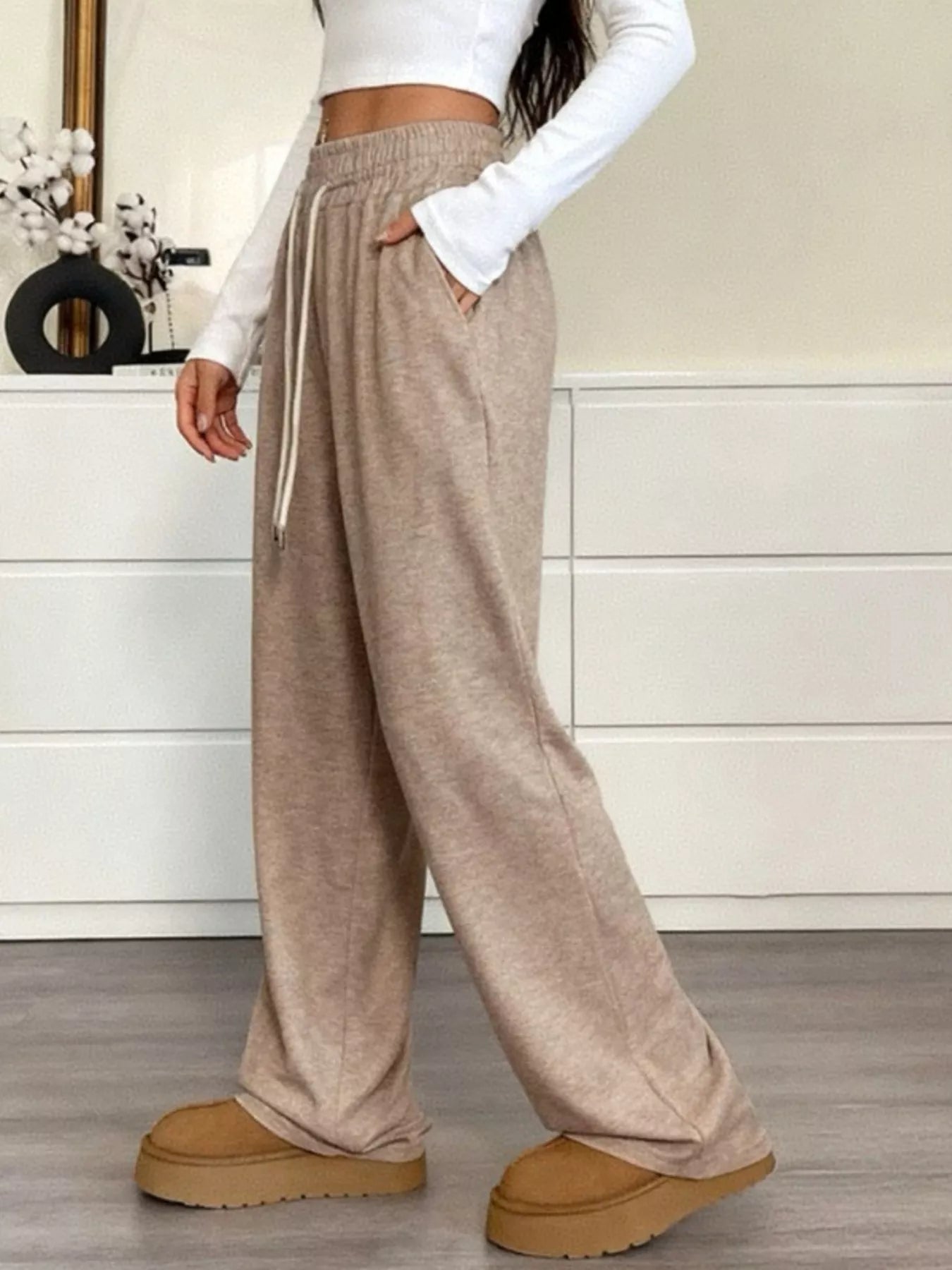 Fashorio Casual Drawstring Waist Wide Leg Pants